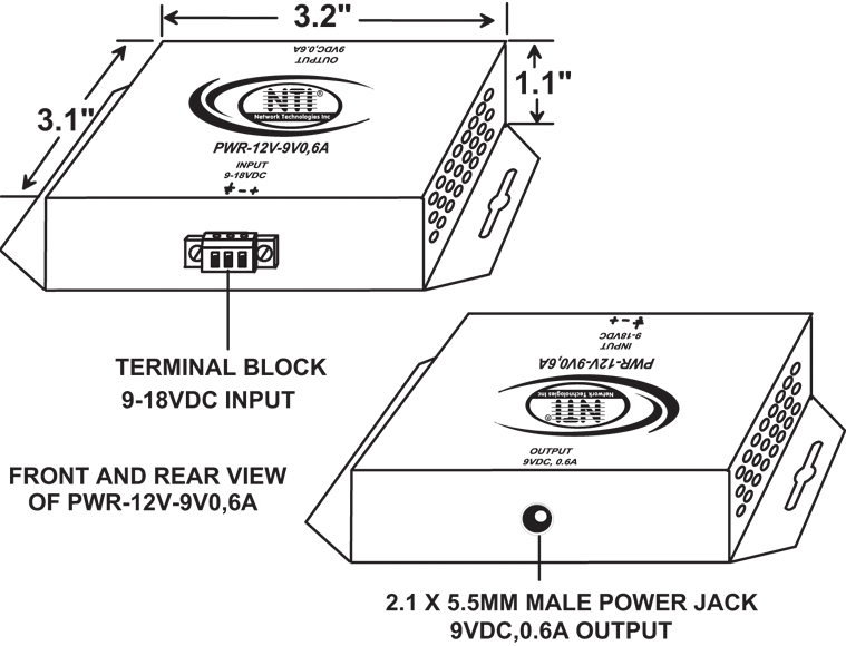 External 12VDC to +9VDC, 0.6A Power Converter (PWR-12V-9V0,6A)