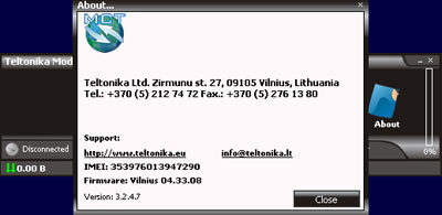 About window in Modem Control Software